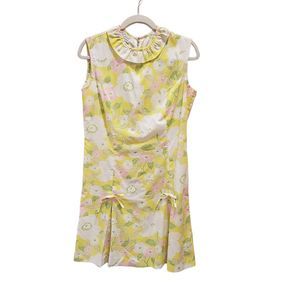 Vintage pastel Floral Dress NPC Fashions yellow pink collar sleeveless bow pleat